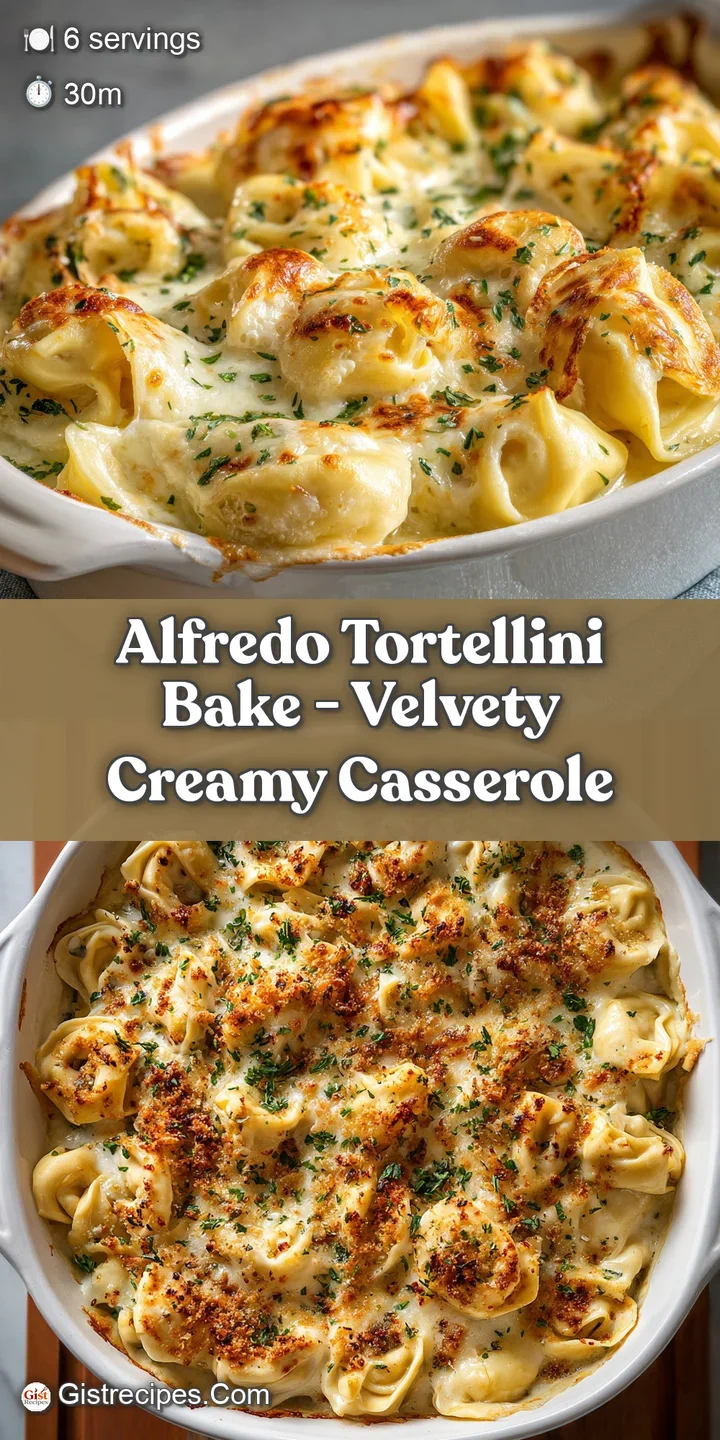 Close-up: Cheesy tortellini bake, bubbly golden crust. Steaming, creamy sauce glistens. Fresh parsley adds bright color to...