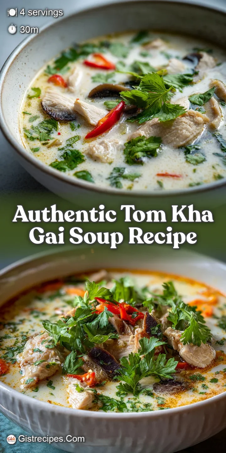 Close-up of Tom Kha Gai: succulent chicken and mushrooms swim in a rich, fragrant broth. Spicy, creamy, and deeply flavorful.