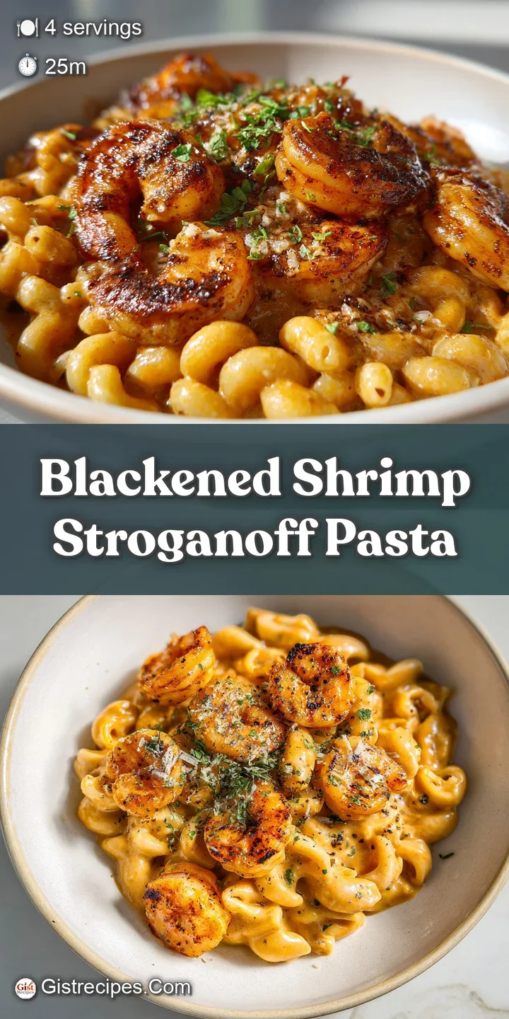 Close-up: Tender blackened shrimp nestled in creamy stroganoff. Hints of dill & cracked pepper. Silky sauce clings to pasta.