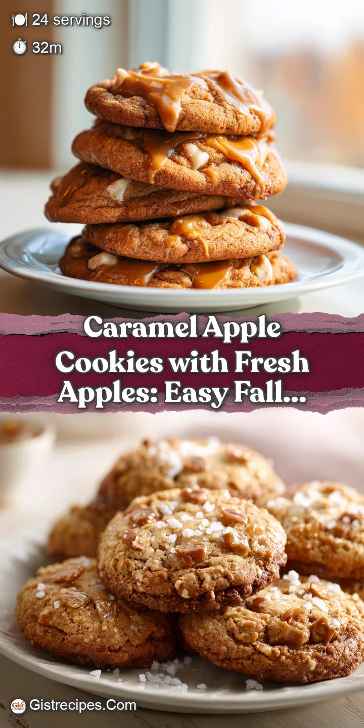 Close-up of a caramel apple cookie revealing soft interior, fruit pieces, and caramel swirls. Warm, inviting, and slightly...