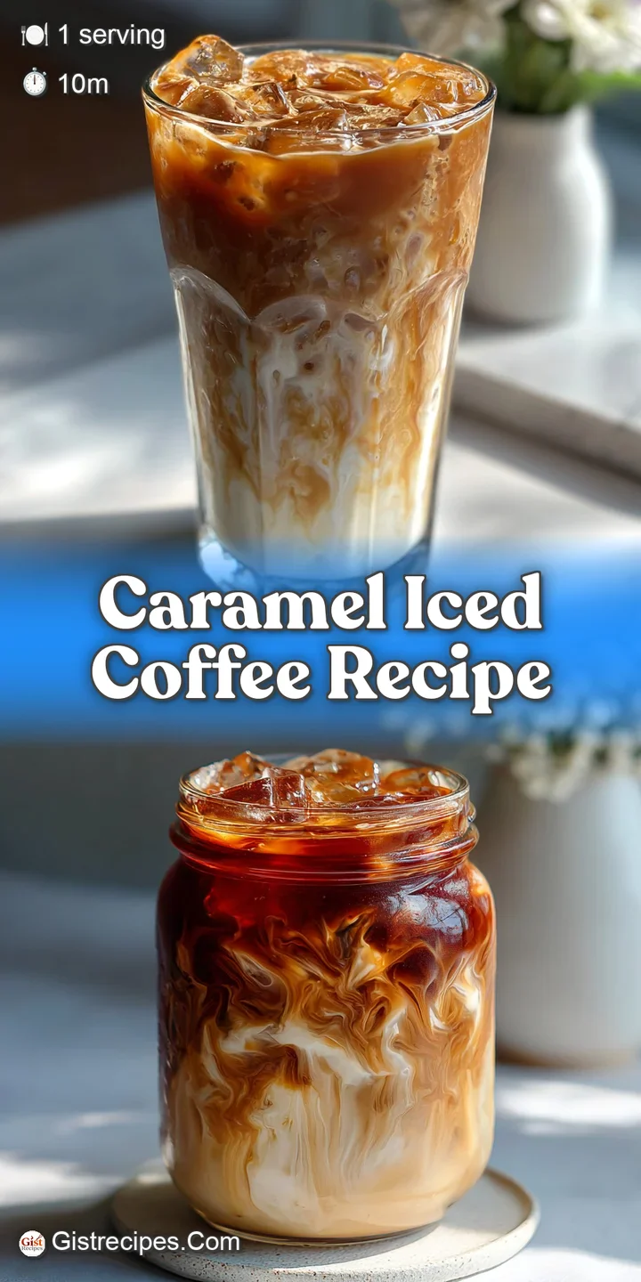 Close-up of an iced coffee with thick caramel drizzled down the inside of the glass, creating a marbled effect.