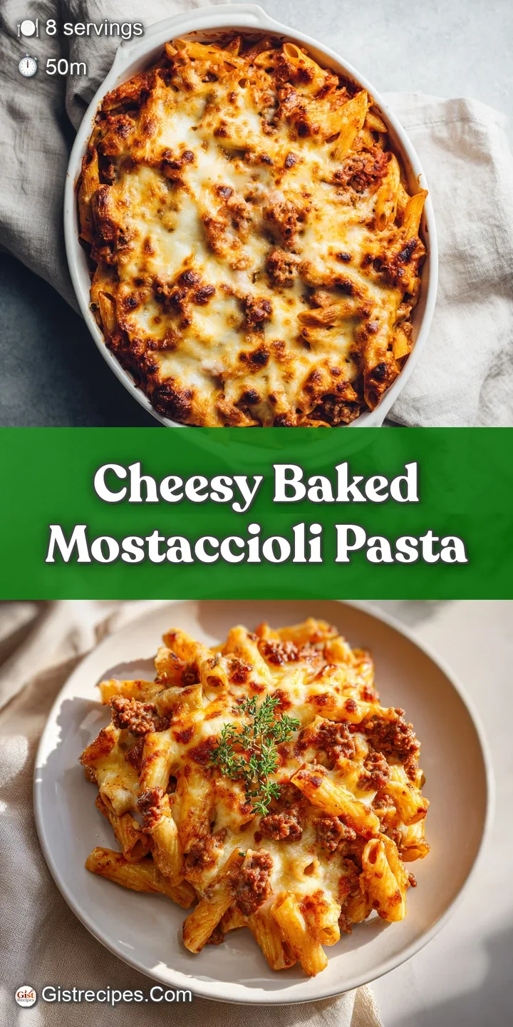 Close-up: Shiny, baked mostaccioli pasta, tangy tomato sauce, and gooey, melted mozzarella cheese browned to perfection.
