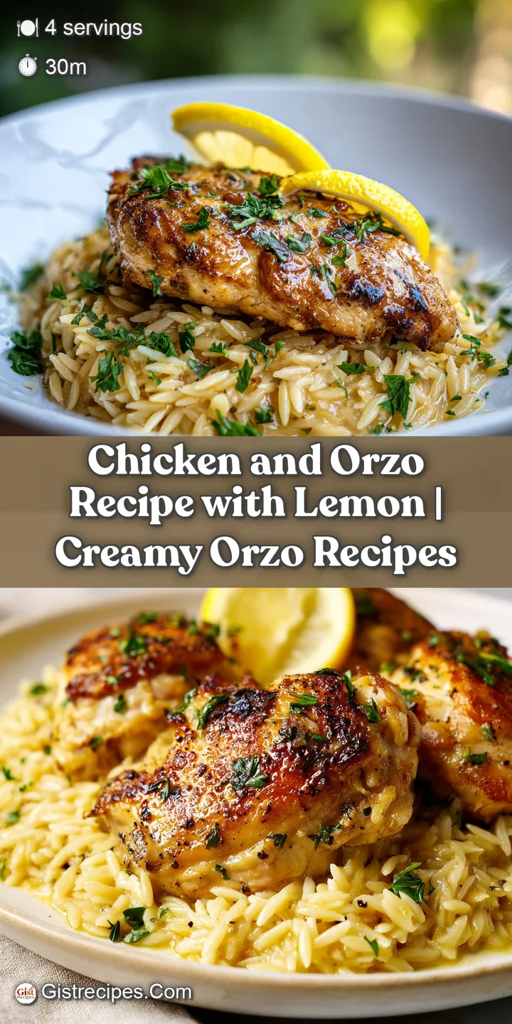 Close-up showcasing succulent chicken and perfectly cooked orzo pasta, coated in a light, zesty lemon sauce with herbs.