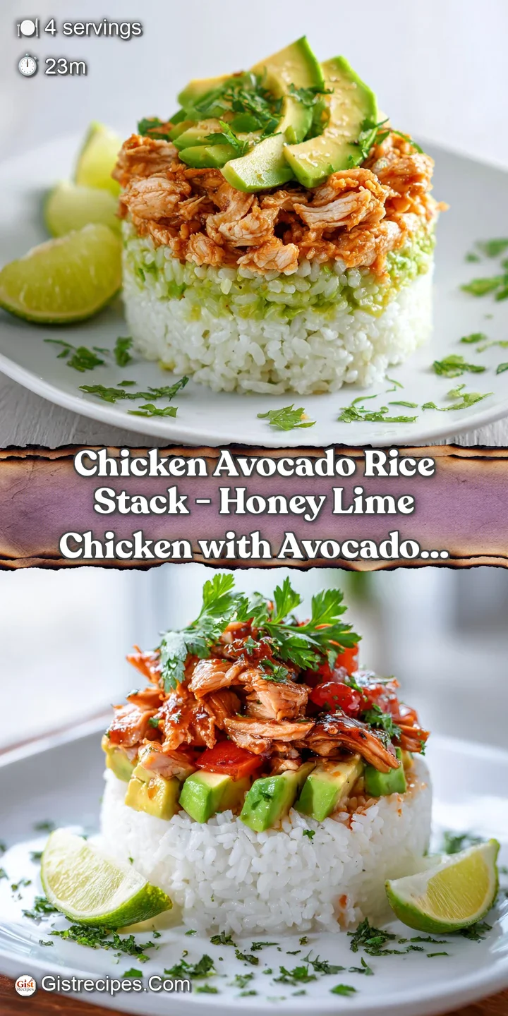 Close-up of moist, caramelized chicken nestled with smooth avocado and fluffy white rice in a tempting stack.