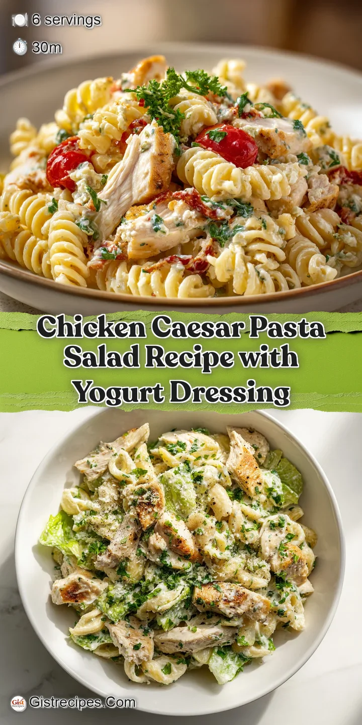 Close-up of Caesar pasta salad: tender chicken, al dente pasta, and glistening dressing create an appetizing, savory scene.