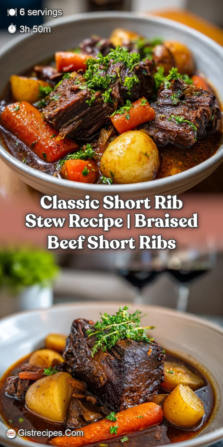 Close-up of glistening, fork-tender braised short ribs swimming in a deeply-colored stew. Visibly succulent with herbs and...