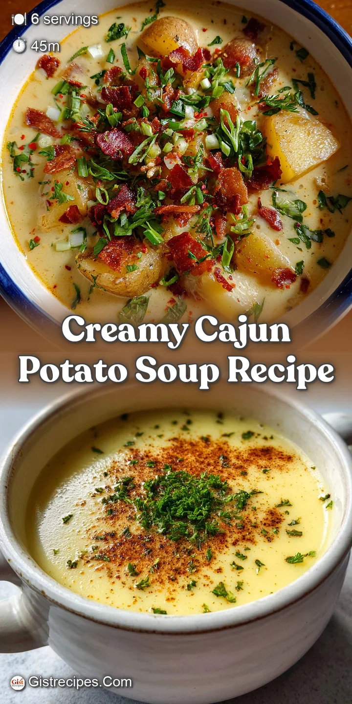 Close-up of creamy potato soup, showcasing Cajun spices, a glistening surface, and fresh green onions. A tempting and flav...