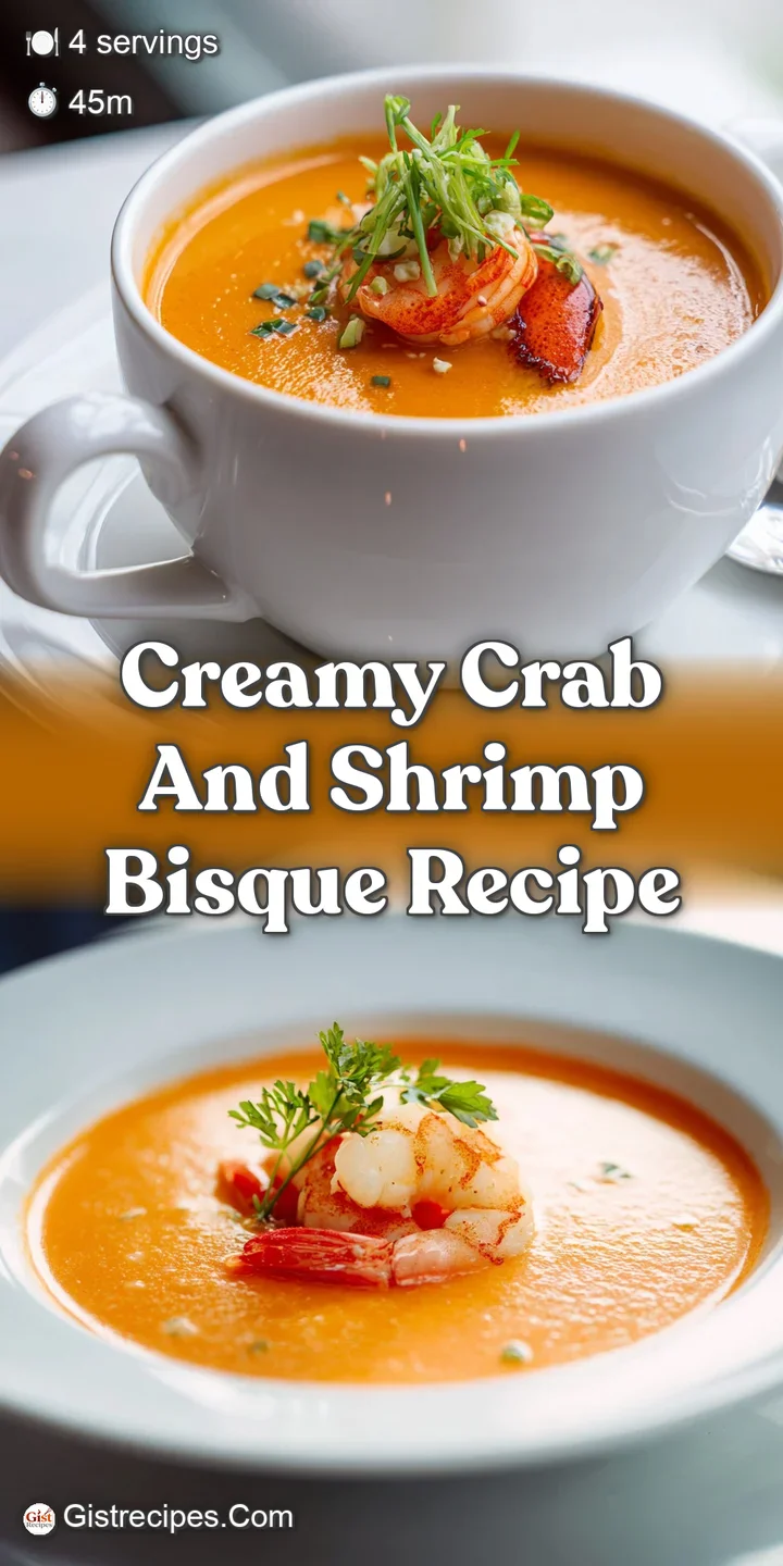 Close-up of rich, velvety bisque highlighting the tender shrimp and crab. Garnished with fresh herbs, inviting warmth and...