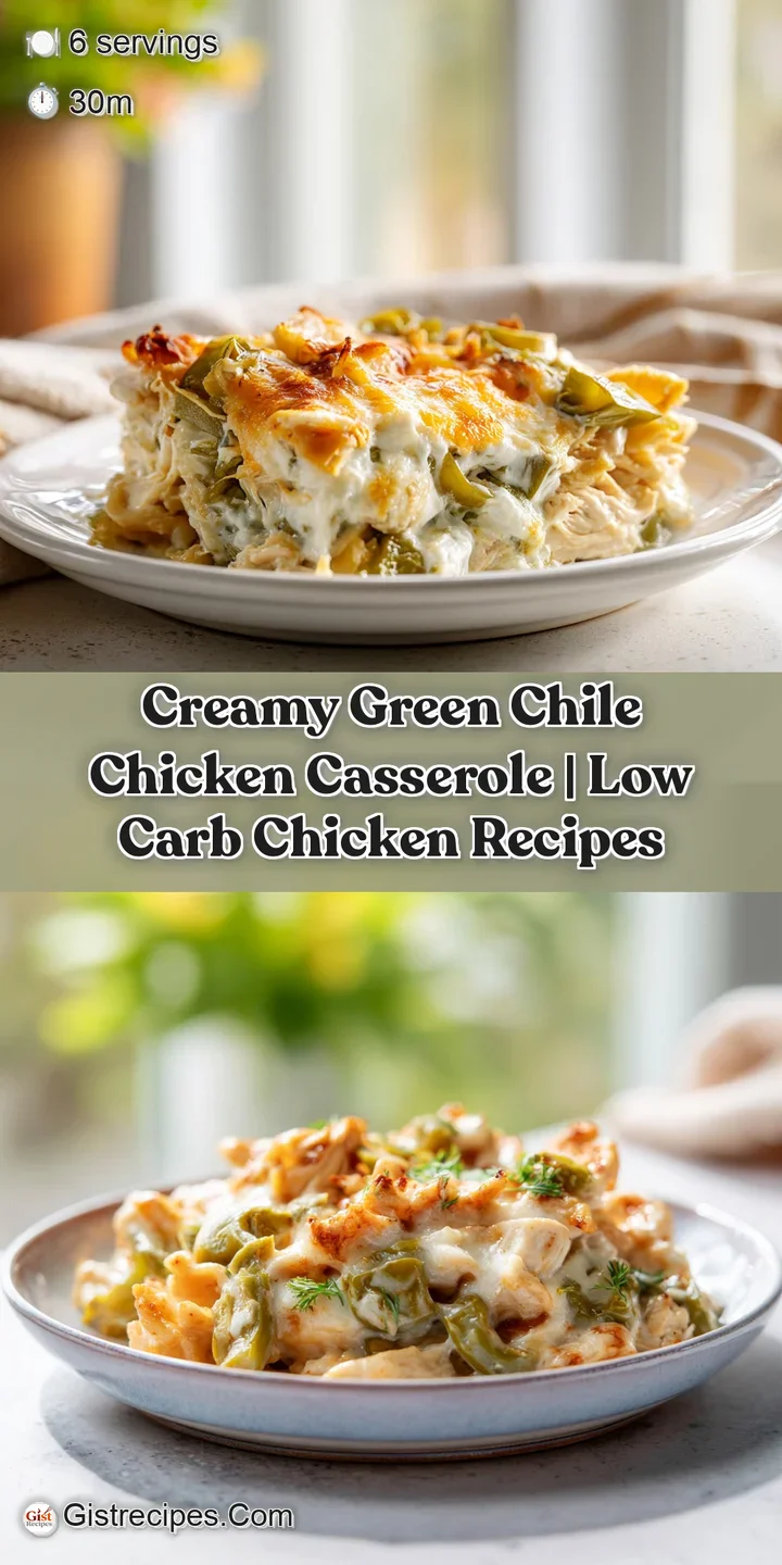 Close-up of creamy chicken and chile casserole, showcasing melted cheese with a slight crust and vibrant green flecks.