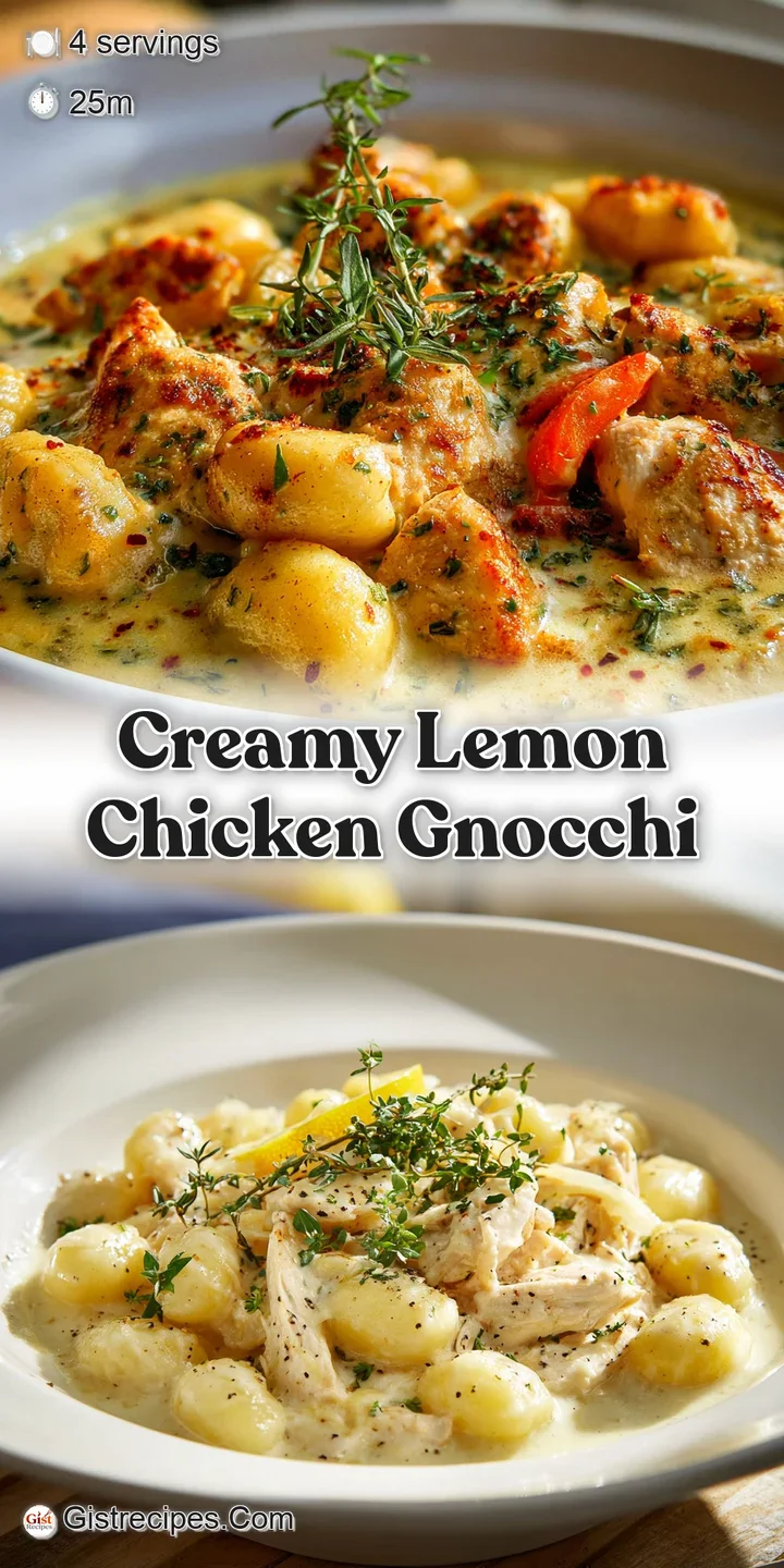 Close-up shot of lemon chicken gnocchi featuring glistening sauce, browned chicken and soft pillows of gnocchi with herb g...