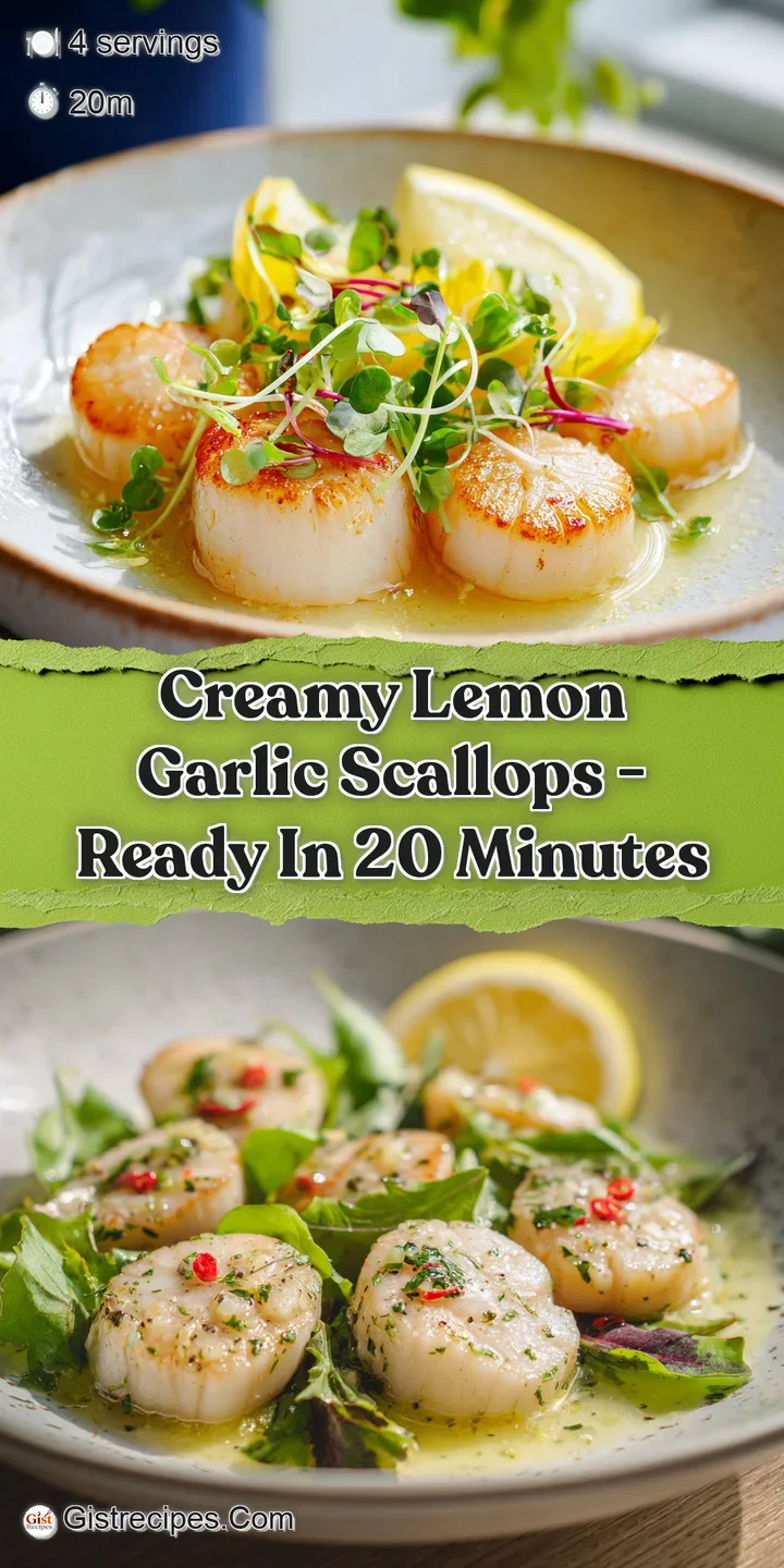 Close-up captures the succulent texture of pan-seared scallops coated in a rich, glossy, lemon-infused sauce, speckled wit...