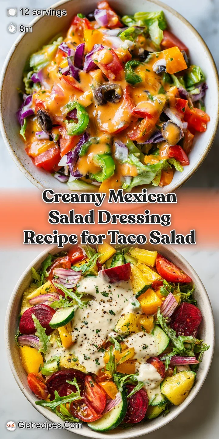Close-up of thick, green dressing with visible herbs and spices, glistening, ready to pour over a crisp, fresh Mexican salad.