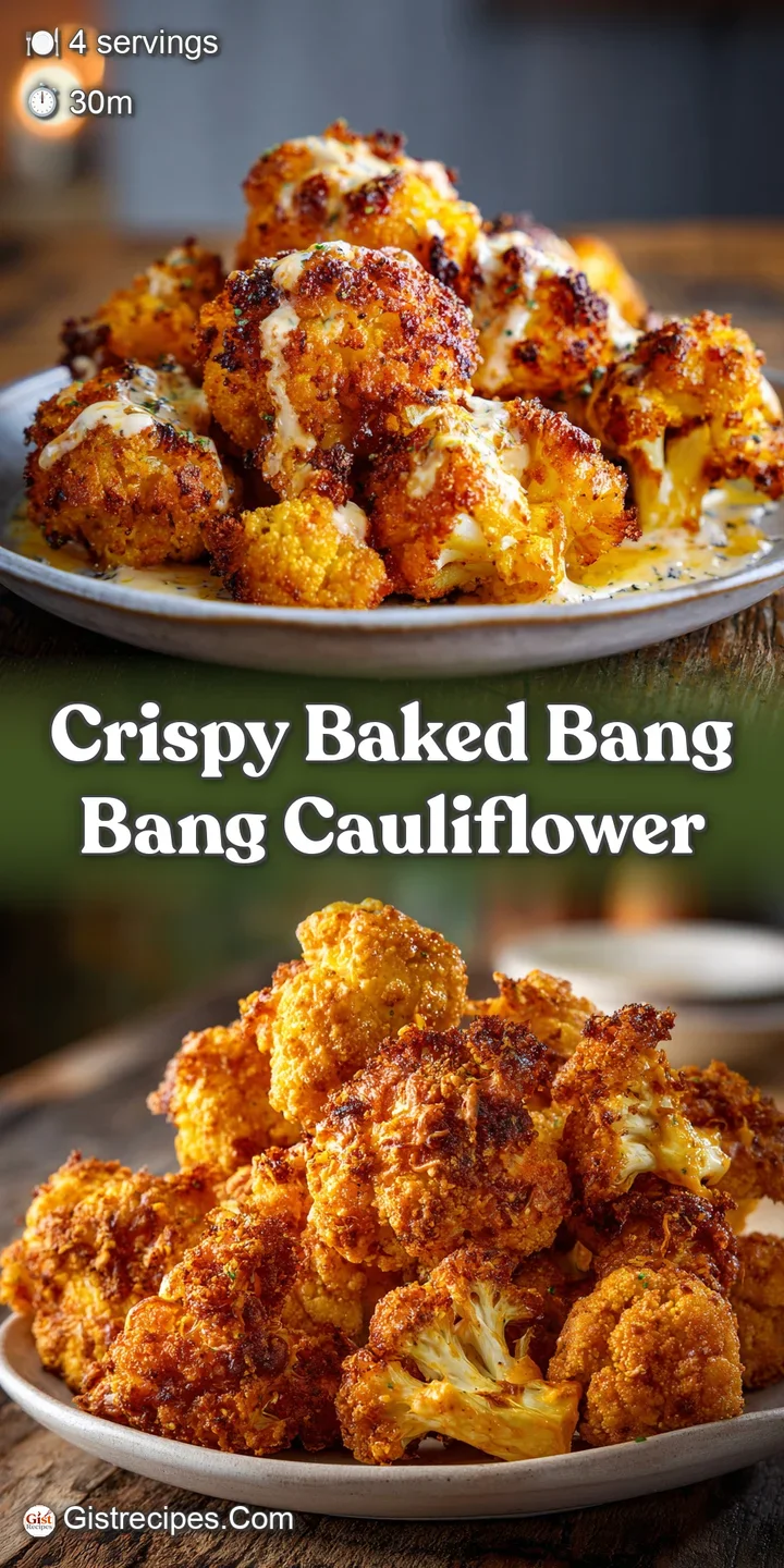 Close-up shows the irresistible texture of crispy baked cauliflower, coated in a creamy, spicy sauce with vibrant pops of ...