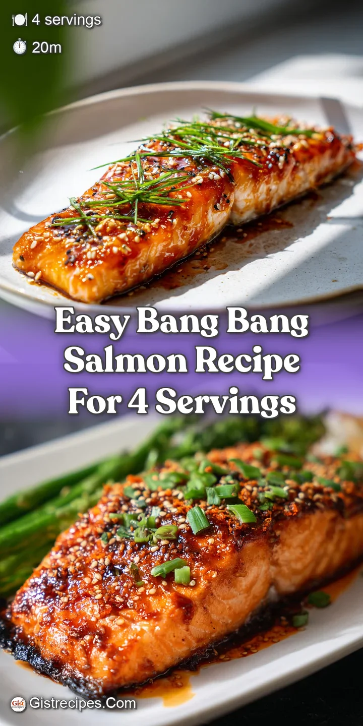 Close-up of succulent bang bang salmon, the glossy, rich sauce clinging to its flaky texture, flecked with red pepper and ...