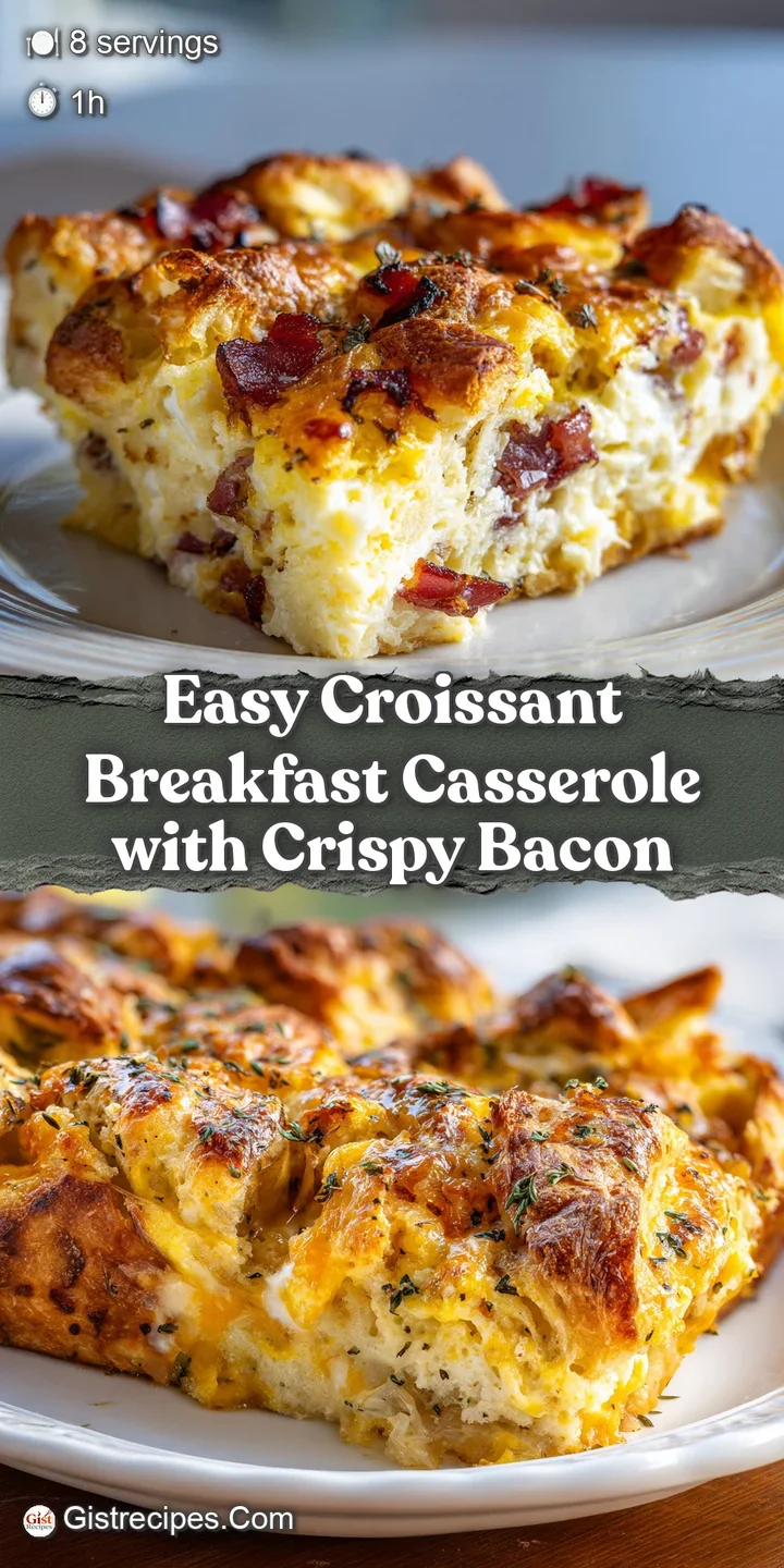 Close-up of warm breakfast casserole. Crispy bacon bits and golden croissant edges peek from a creamy, cheesy, herb-flecke...