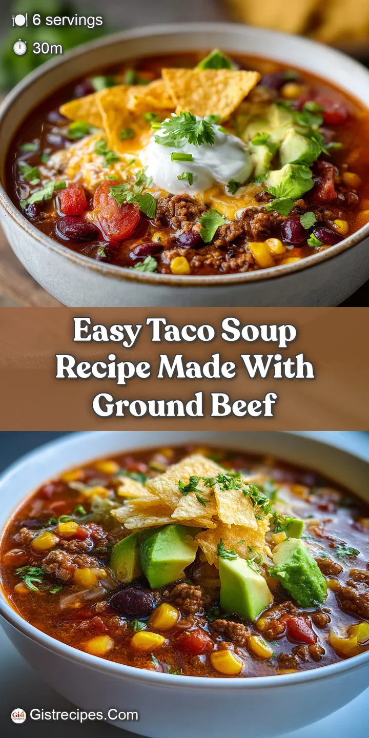 Close-up of taco soup with juicy ground beef, soft beans, and melted cheese creating a hearty, comforting, and flavorful v...