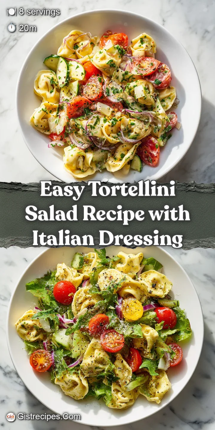 Close-up of a tortellini salad. See the texture of the pasta, vibrant colors of the vegetables, and the glistening dressin...