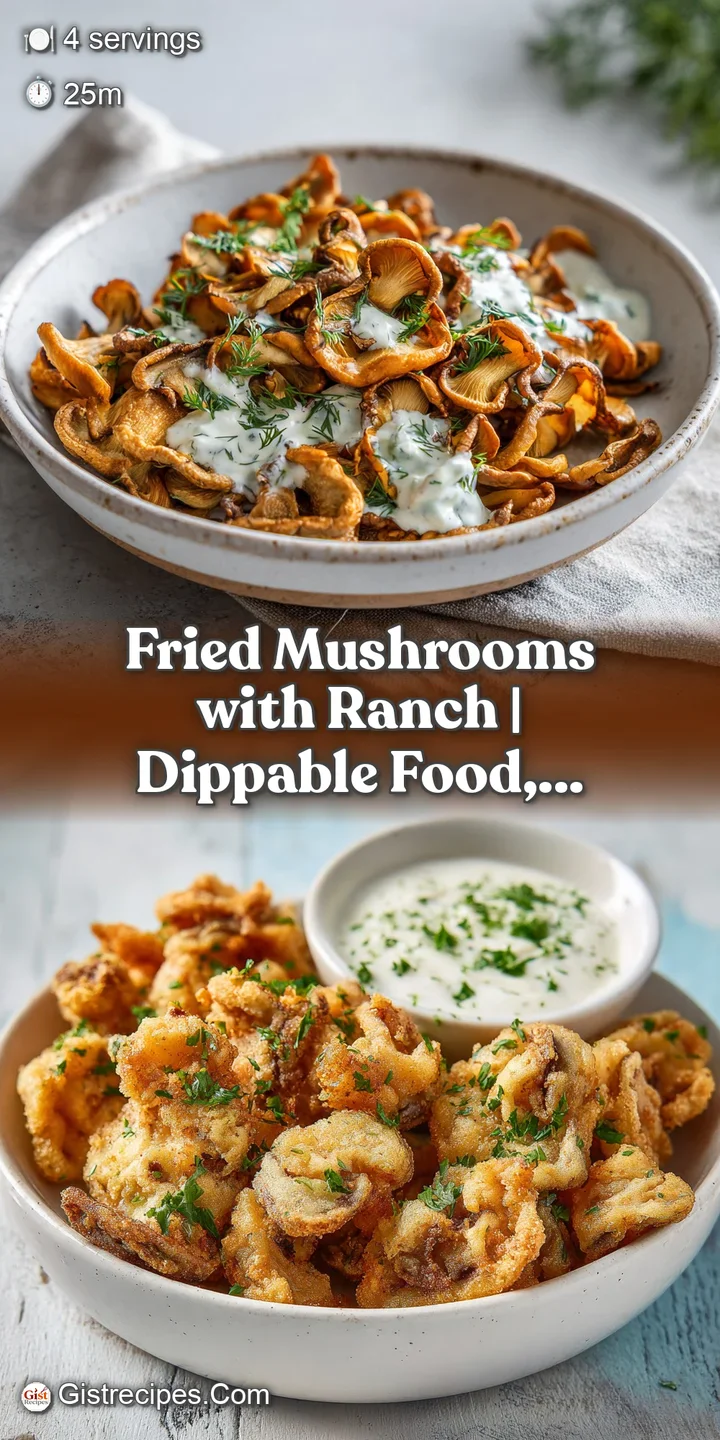 Close-up of a perfectly fried mushroom, its golden crust glistening, ready for a dip in creamy ranch.