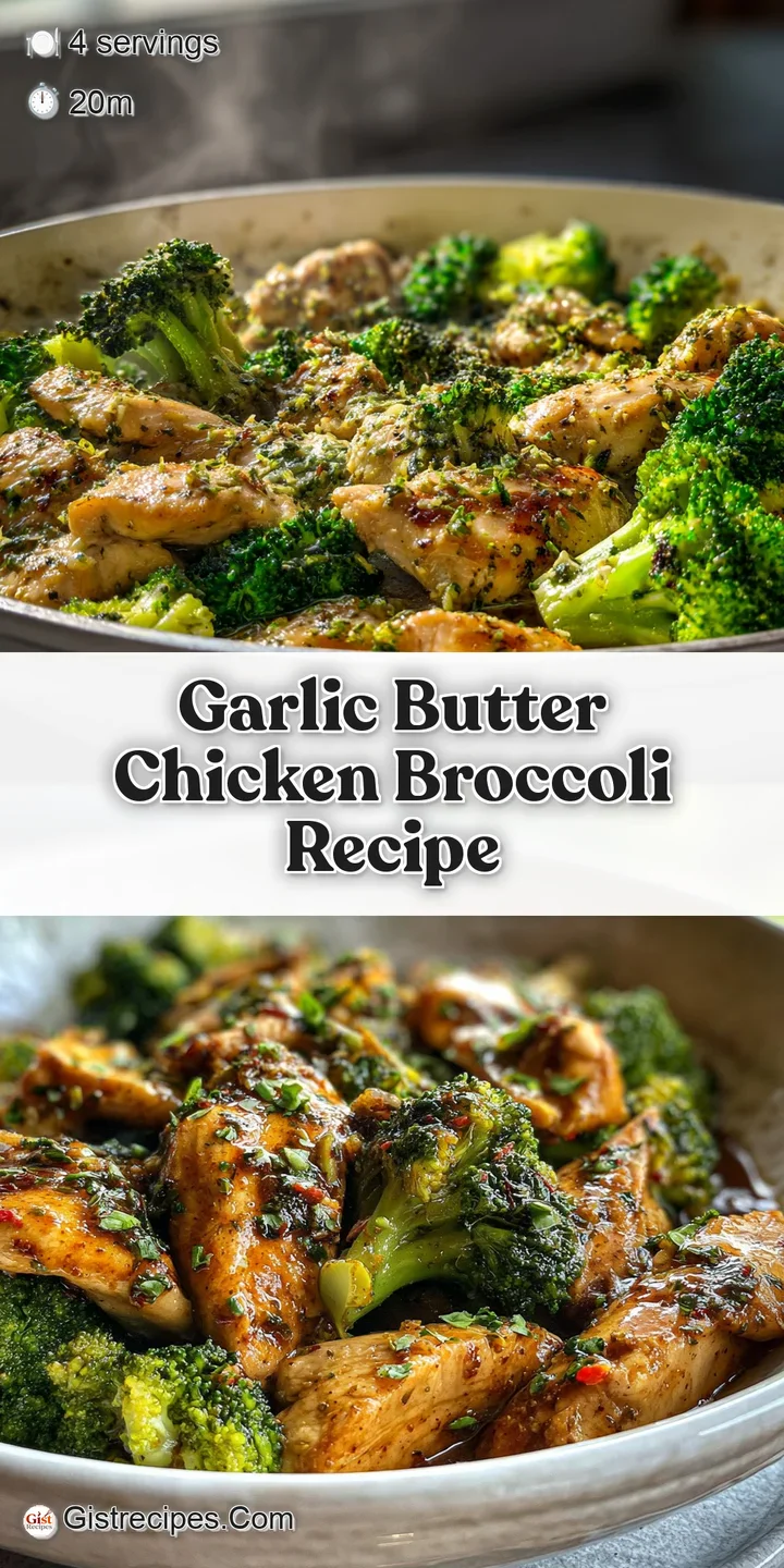 Close-up of tender chicken and vibrant green broccoli florets coated in a glistening, savory garlic butter sauce, steaming...