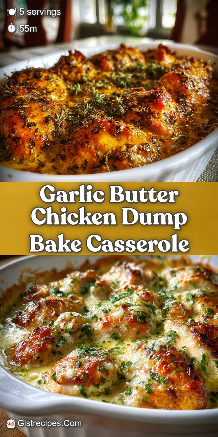 Close-up of a golden-brown, crispy chicken and pasta bake, glistening with garlic butter and flecks of herbs.