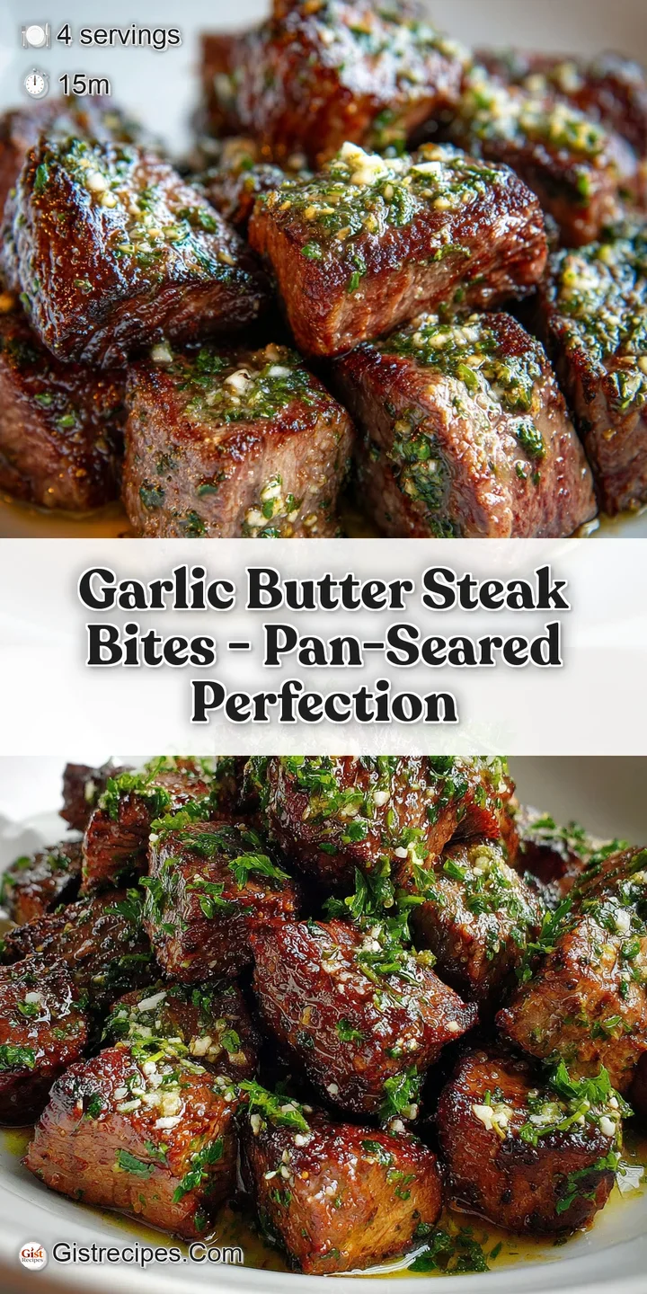 Juicy steak bites, glistening with garlic butter, seared to a perfect golden crust. Close-up shot reveals herbs and cracke...