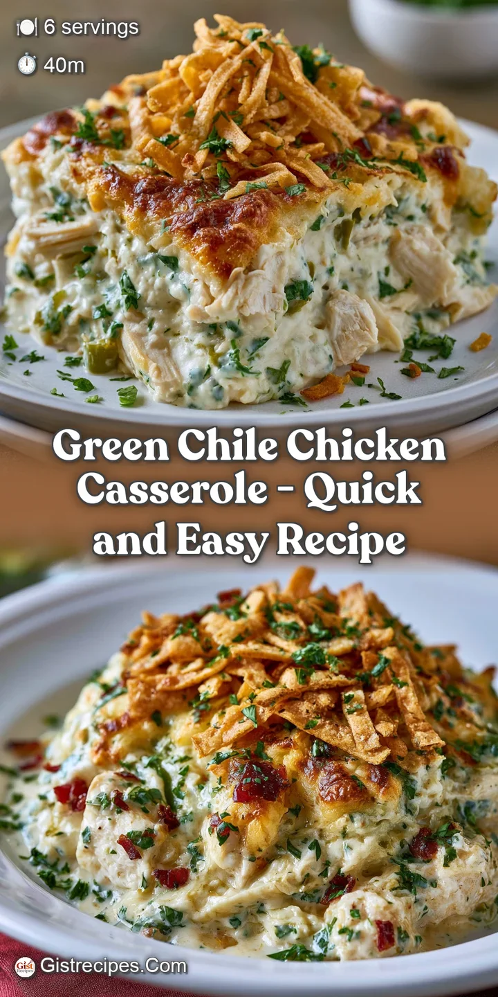 Close-up of rich, creamy sauce enveloping tender chicken pieces and bright green chiles with bubbling golden cheese.