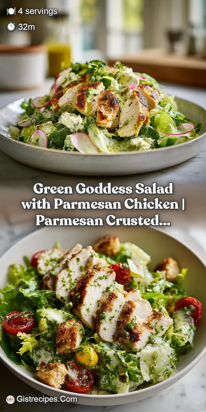 Crispy parmesan chicken atop a mound of verdant, herb-flecked salad, showcasing fresh textures.