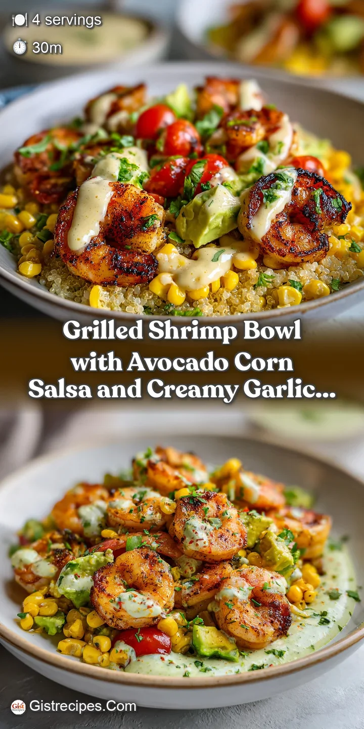 Juicy, char-marked shrimp glistening next to a fresh, zesty avocado corn salsa.