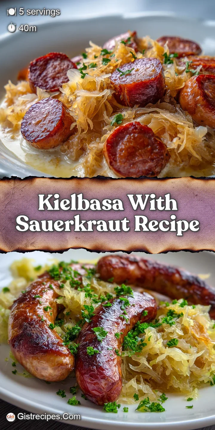 Close-up of browned kielbasa sausage, its surface glistening amidst a bed of shredded sauerkraut, hint of steam rising.