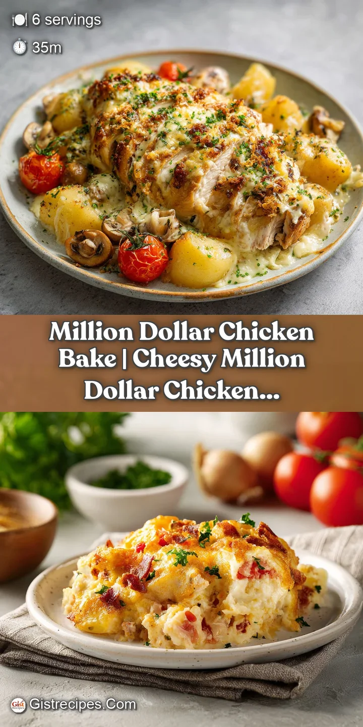 A rich, golden chicken bake with visible herbs and a luscious, bubbling cheese topping.