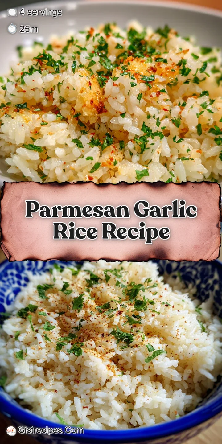 Close-up shows the creamy texture of parmesan rice, flecked with garlic. Hints of green herbs add visual interest and fres...