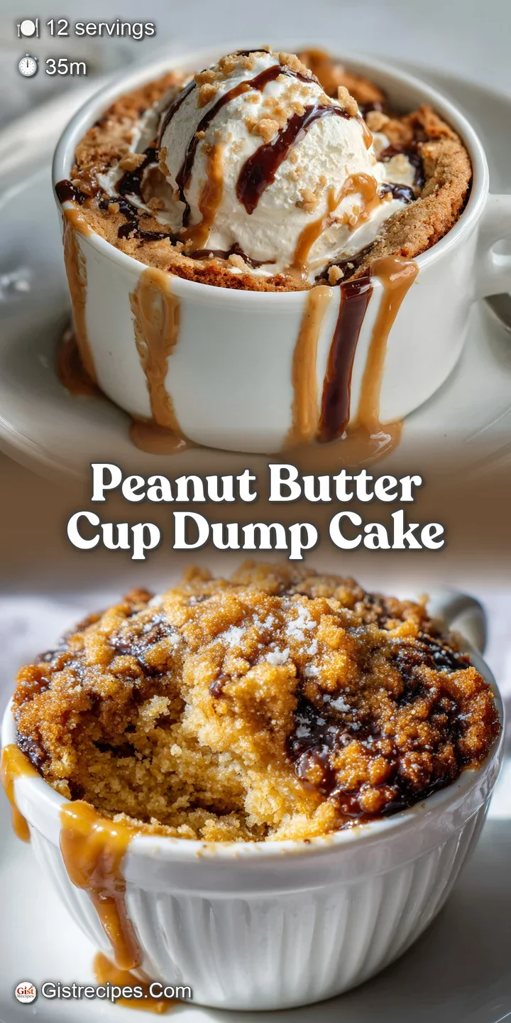 Close-up view of a rich, gooey peanut butter cup dump cake, showing moist cake, glistening melted chocolate, and creamy pe...