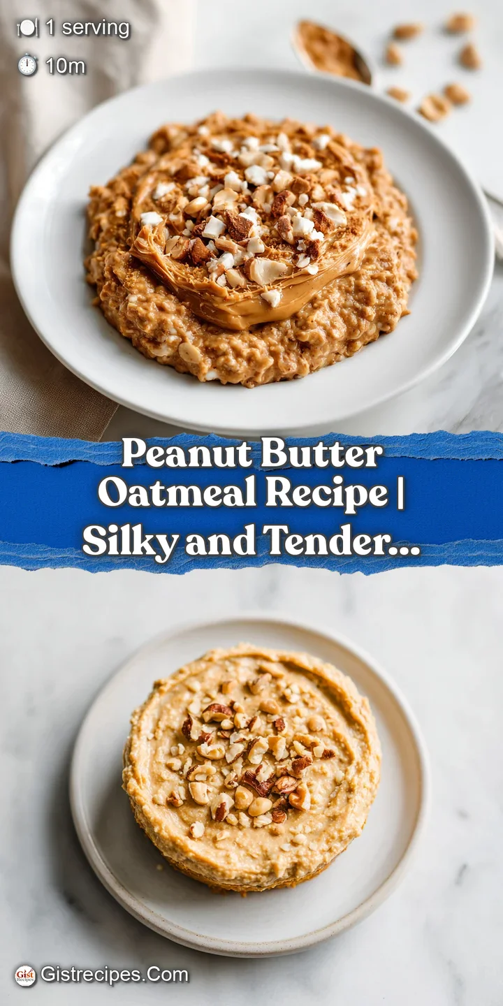 Close-up of glossy peanut butter oatmeal, highlighting the smooth texture and swirls of peanut butter, drizzled with golde...