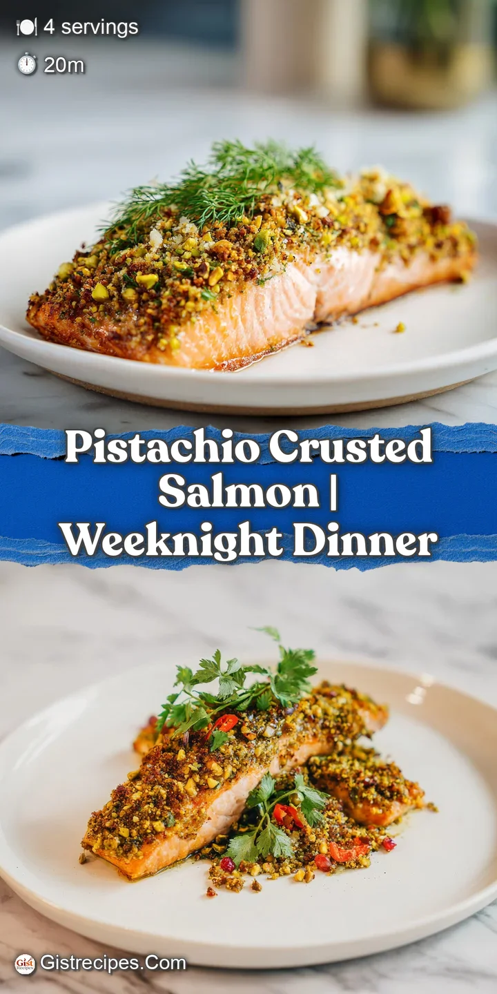 Close-up shot of a juicy salmon fillet with a crunchy pistachio crust, highlighting the flaky texture and appealing colors.