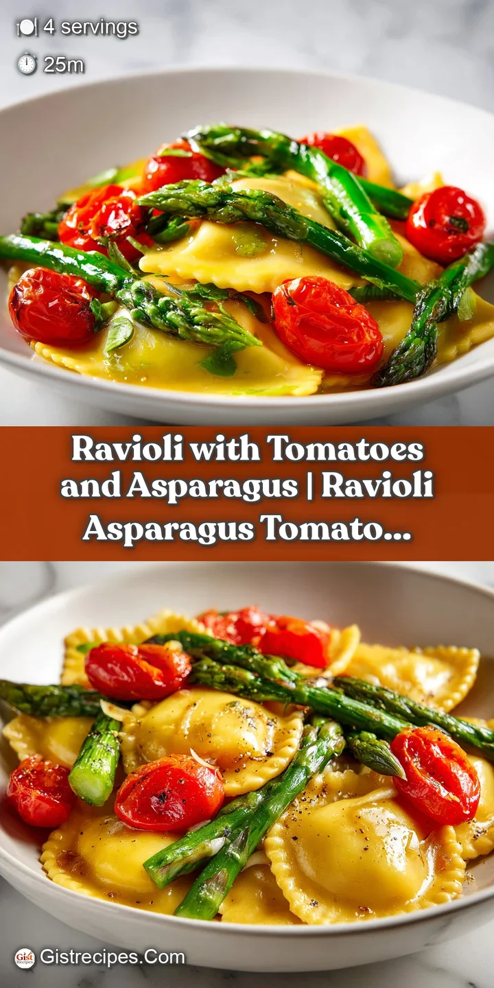 Macro view of glistening pasta, bright green asparagus, and charred red tomatoes coated in a shimmering sauce.