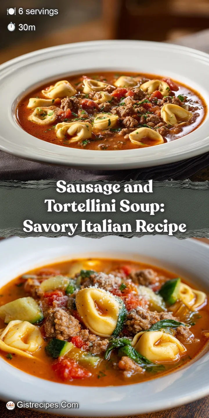 Close-up of savory soup with al dente tortellini and savory sausage, steam rising from the flavorful, inviting broth.