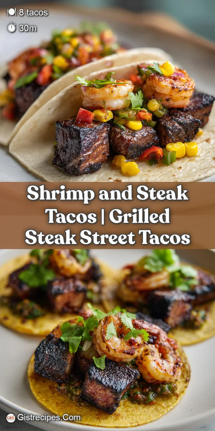 Close-up of seared steak and juicy shrimp topped with snowy crumbled cotija cheese and fresh green cilantro.