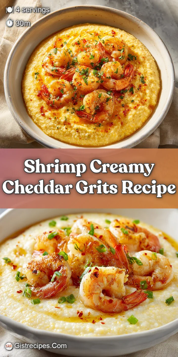 Close-up of cheesy grits with juicy shrimp, flecks of fresh herbs and melted cheese. Warm, comforting, and inviting flavors.