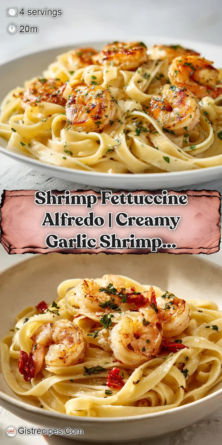 Close-up of glossy, cream-coated pasta strands entwined with juicy, seared shrimp and finely minced garlic.