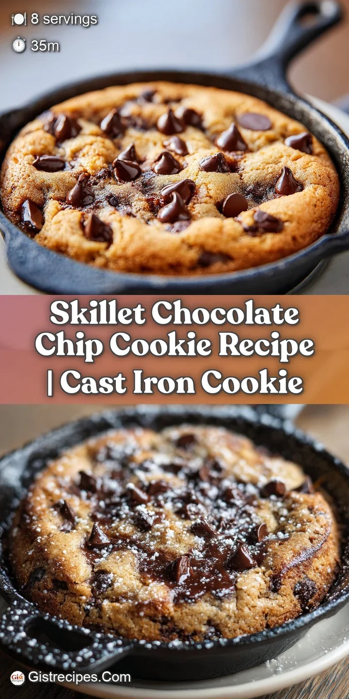 Close-up of a warm, gooey skillet cookie; melted chocolate pools in the soft center, beckoning with delicious, decadent wa...