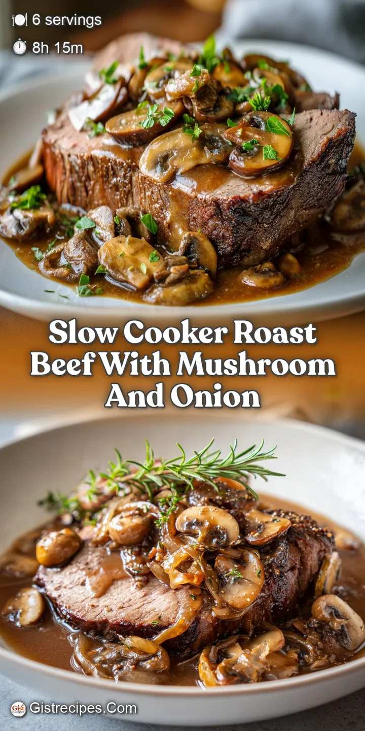 Close-up of glistening, fork-tender roast beef swimming in a savory gravy, highlighting the caramelized onions and mushrooms.