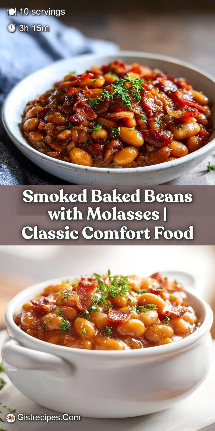 Close-up of glistening smoked baked beans, showcasing the caramelized sauce, tender pork, and varying textures of beans an...