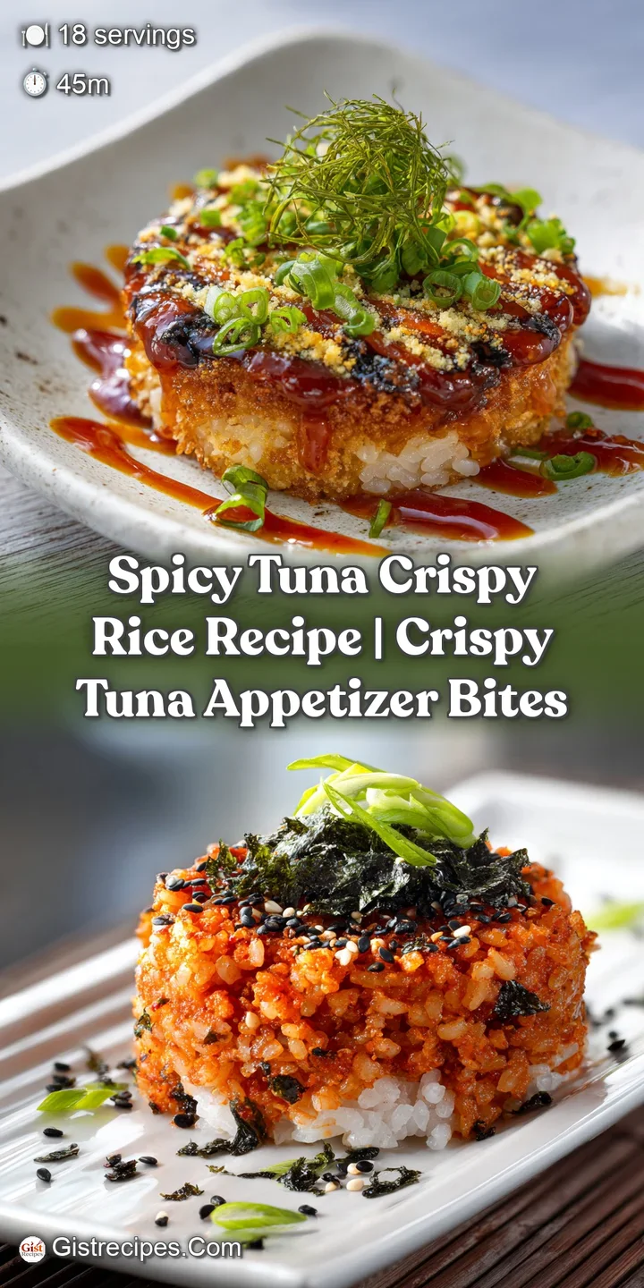 Appetizing stack of golden-brown crispy rice and bright red spicy tuna, hinting at a delicious and satisfying flavor.