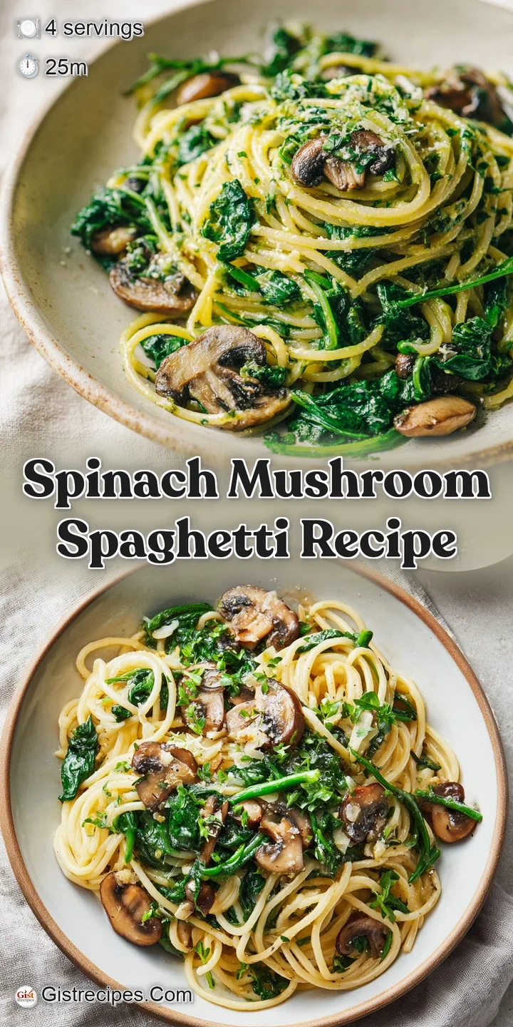 Close-up of spinach and mushroom spaghetti, highlighting the rich texture and glossy sheen of the creamy sauce, with fleck...
