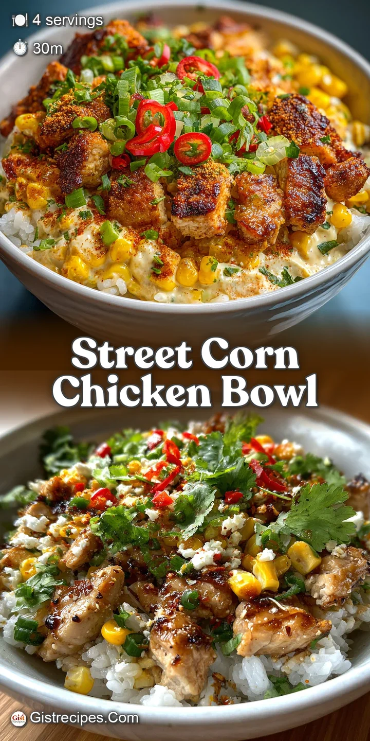 Close-up showcases glistening grilled chicken and sweet corn kernels drizzled with creamy sauce. Textures and colors pop w...