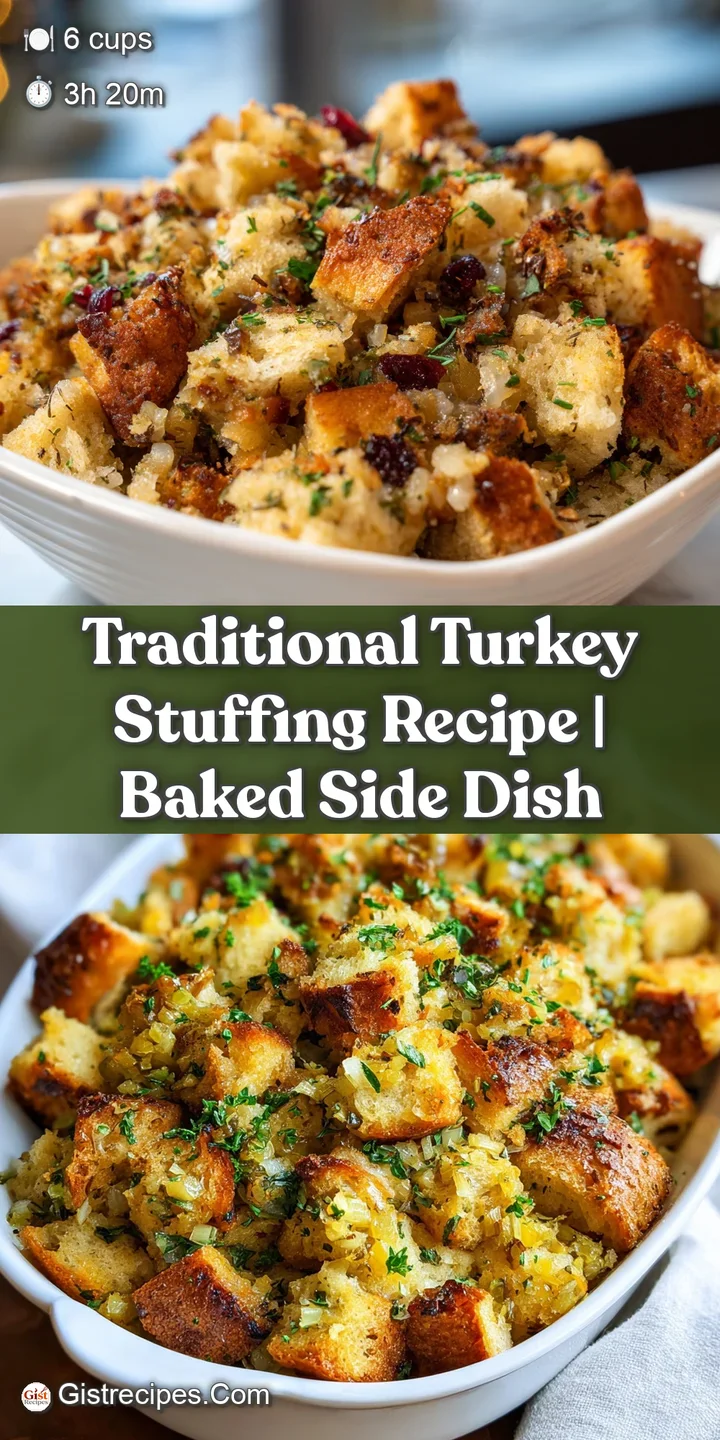 Close-up of savory stuffing showing visible bread cubes, herbs, and vegetables, with a glistening, moist texture.