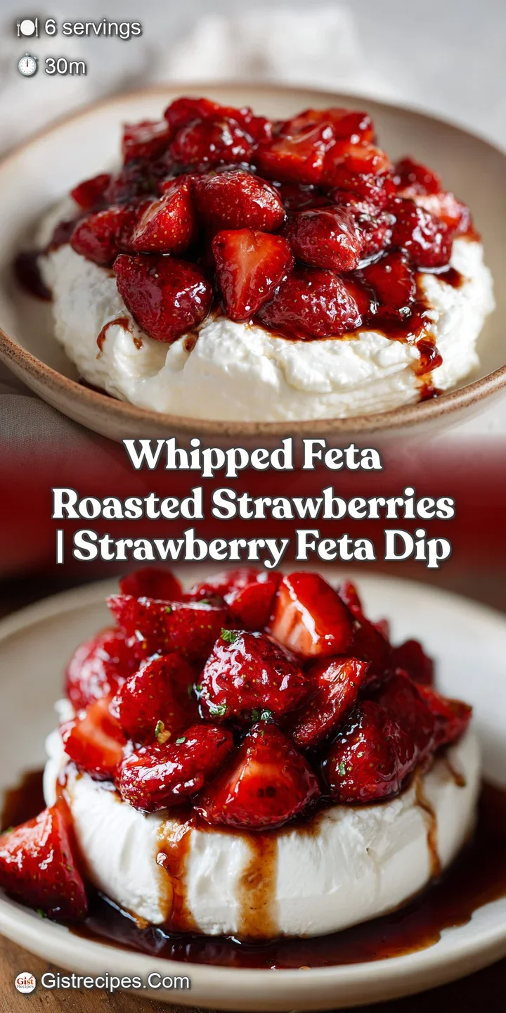 Close-up of glossy, deep red roasted strawberries resting on a bed of airy, smooth whipped white cheese