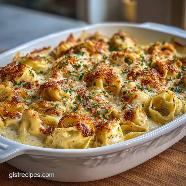 Creamy tortellini bake portion, steaming hot. Garnished with fresh parsley sprig, plated elegantly with a creamy, rich sauce.