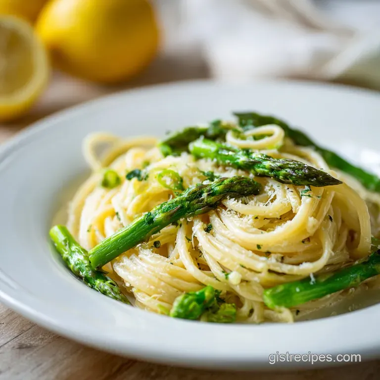 Bright green asparagus spears artfully arranged on a bed of pasta, drizzled with lemon sauce and topped with freshly grate...