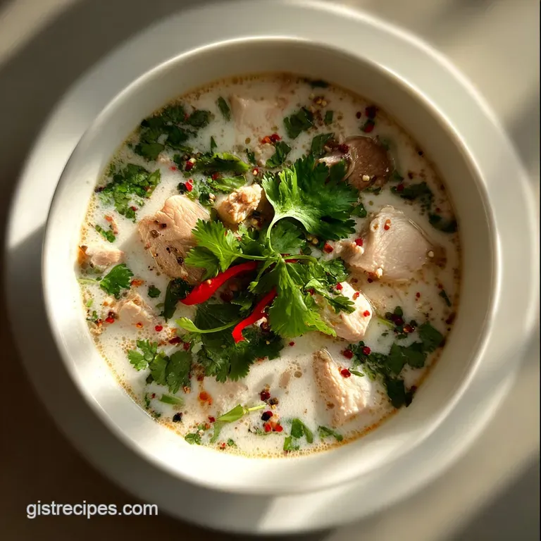 Elegant bowl of Tom Kha Gai. Coconut milk broth gleams, accented by bright chilies, mushrooms, and sprigs of fresh herbs.